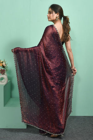 Maroon Beads & Stone Embossed Satin Saree (RWTMMN6C3790)