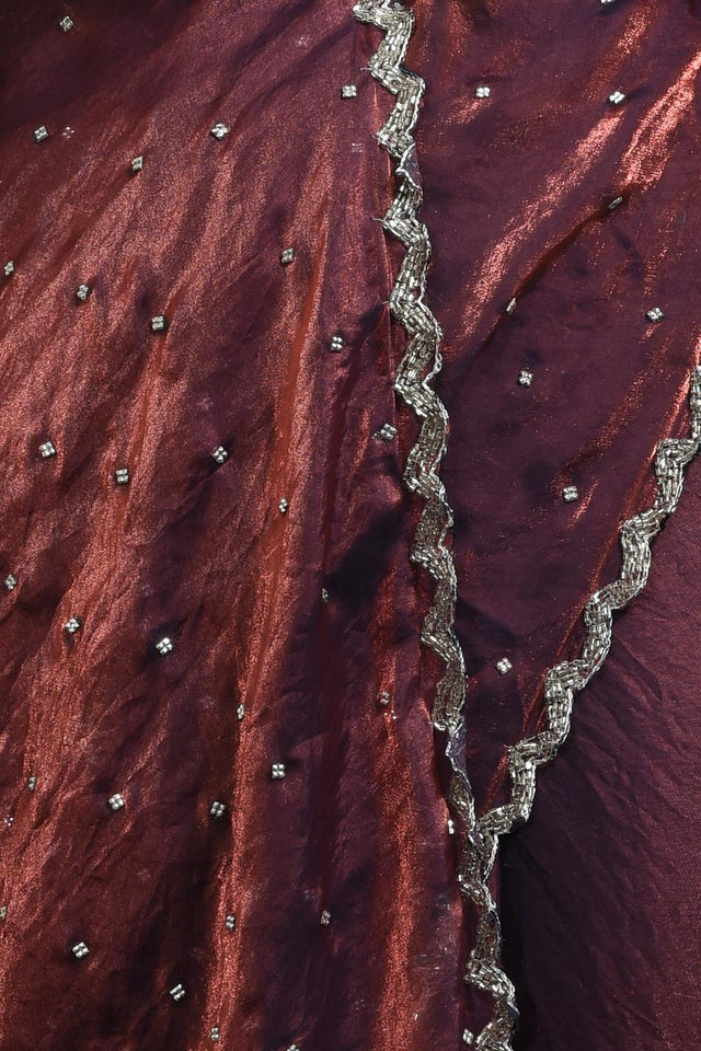 Maroon Beads & Stone Embossed Satin Saree (RWTMMN6C3790)