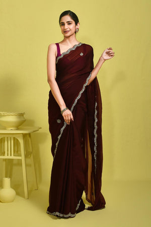 Maroon Embroidered Satin Saree (RWTMMT6B3710)
