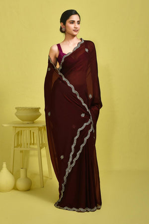 Maroon Embroidered Satin Saree (RWTMMT6B3710)