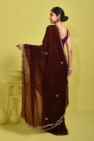 Maroon Embroidered Satin Saree (RWTMMT6B3710)