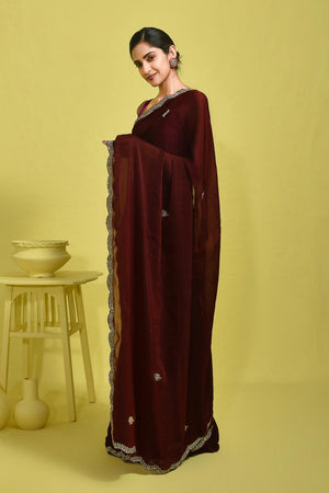 Maroon Embroidered Satin Saree (RWTMMT6B3710)