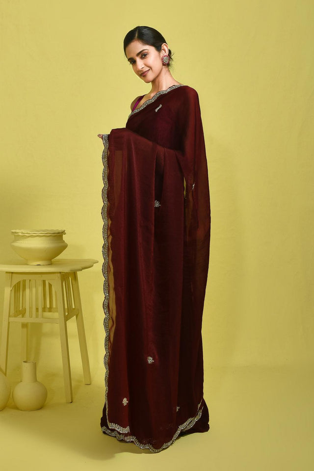 Maroon Embroidered Satin Saree (RWTMMT6B3710)