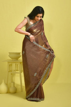 Brown Floral Embroidered Satin Saree (RWTNNW6B3727)