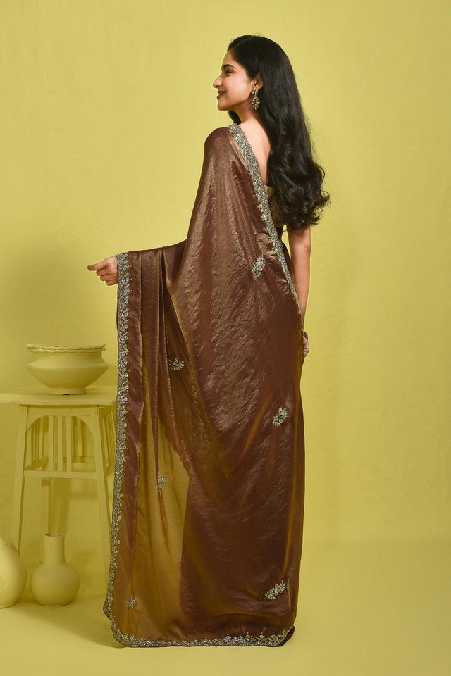Brown Floral Embroidered Satin Saree (RWTNNW6B3727)