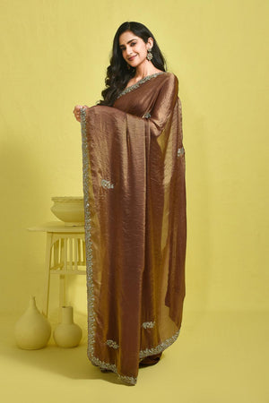 Brown Floral Embroidered Satin Saree (RWTNNW6B3727)