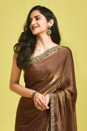 Brown Floral Embroidered Satin Saree (RWTNNW6B3727)