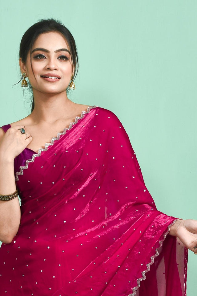 Pink Beads Embossed Satin Saree (RWTPPN6C3817)