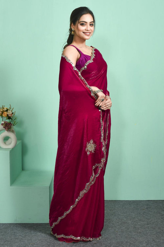 Pink Sequin & Stone Embossed Satin Saree (RWTPPP6C3819)