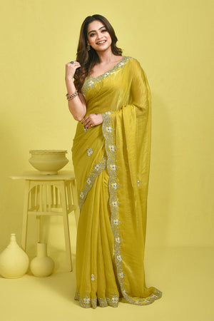Yellow Beads & Stone Embossed Satin Saree (RWTYYZ6C3786)