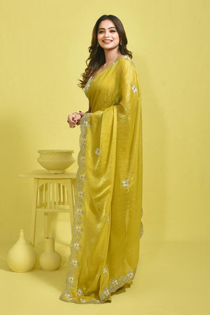 Yellow Beads & Stone Embossed Satin Saree (RWTYYZ6C3786)