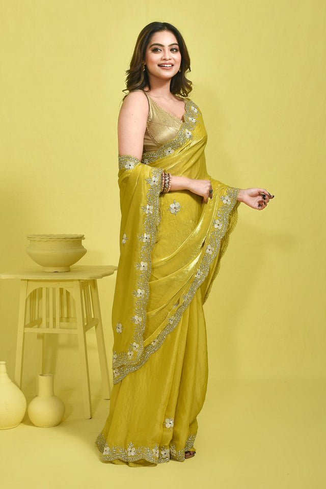 Yellow Beads & Stone Embossed Satin Saree (RWTYYZ6C3786)