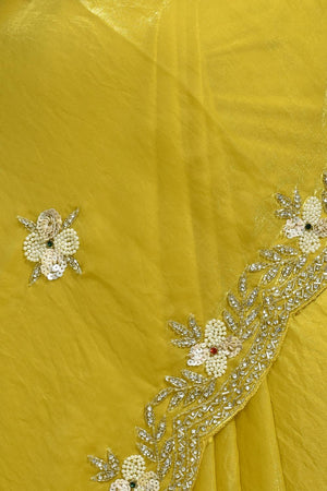 Yellow Beads & Stone Embossed Satin Saree (RWTYYZ6C3786)