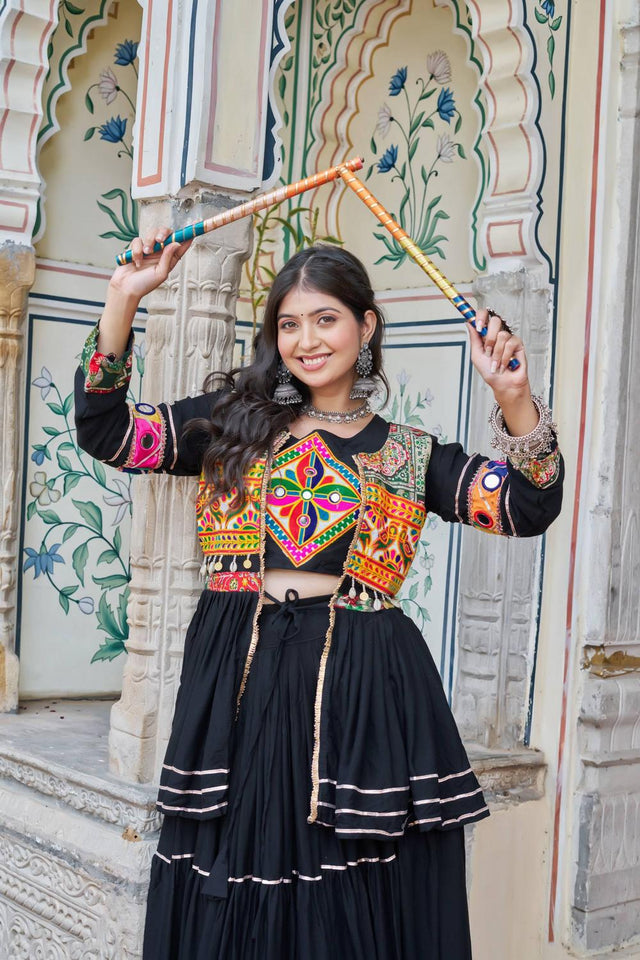 Black Solid with Flared Cotton Lehenga (Ram -120- Black)