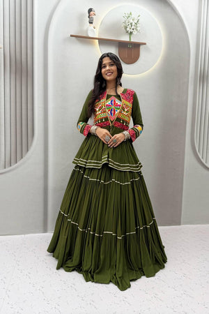 Mehendi Solid with Flared Cotton Lehenga (Ram -120- mahendi)