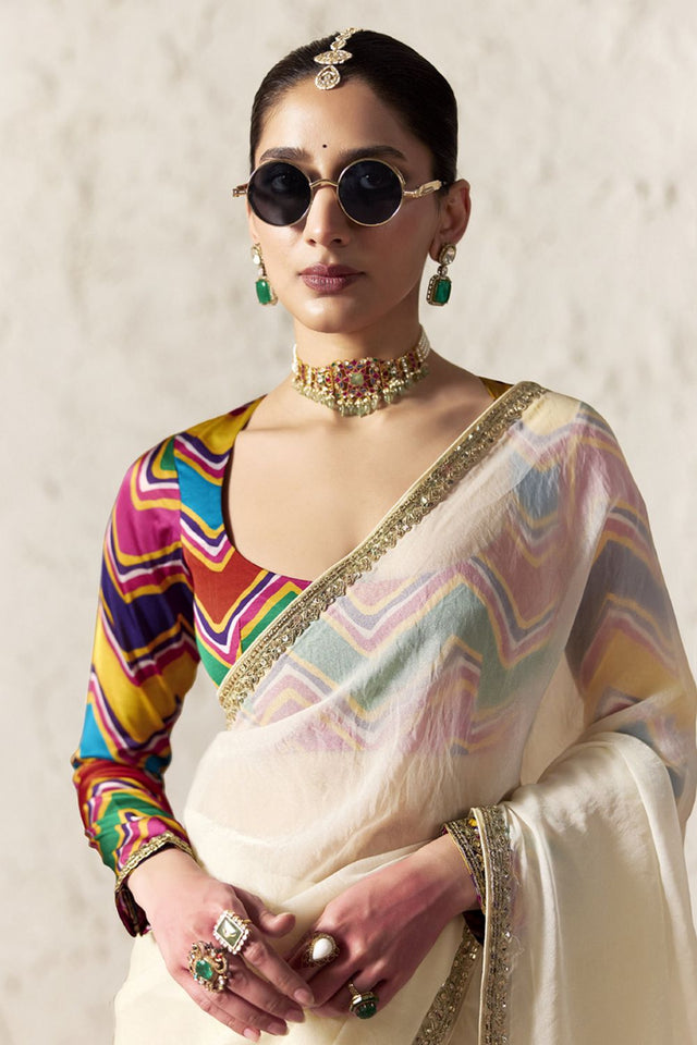 Off White Solid with Embroidered Border Tissue Saree (Rangat-2331)