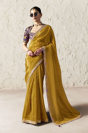 Mustard Solid with Embroidered Border Tissue Saree (Rangat-2332)