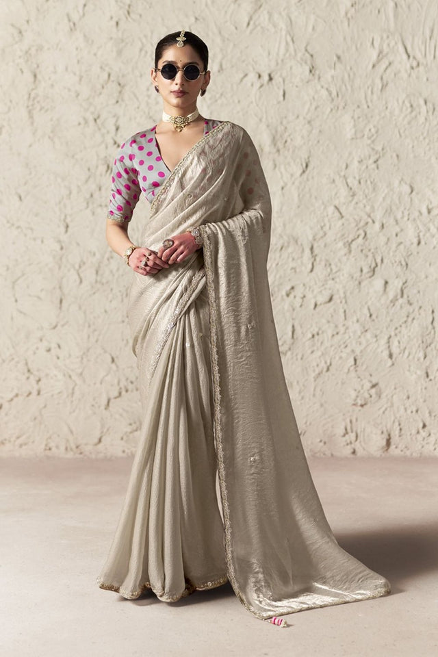 Beige Solid with Embroidered Border Tissue Saree (Rangat-2335)