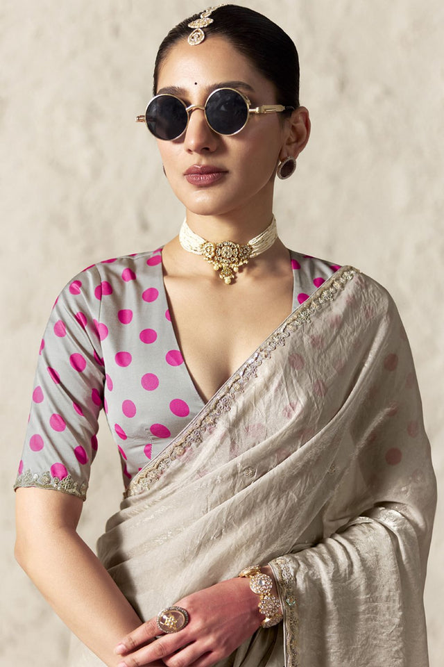 Beige Solid with Embroidered Border Tissue Saree (Rangat-2335)