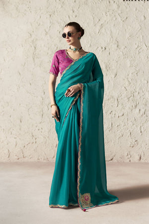 Light Blue Solid with Embroidered Border Tissue Saree (Rangat-2336)
