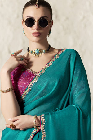 Light Blue Solid with Embroidered Border Tissue Saree (Rangat-2336)