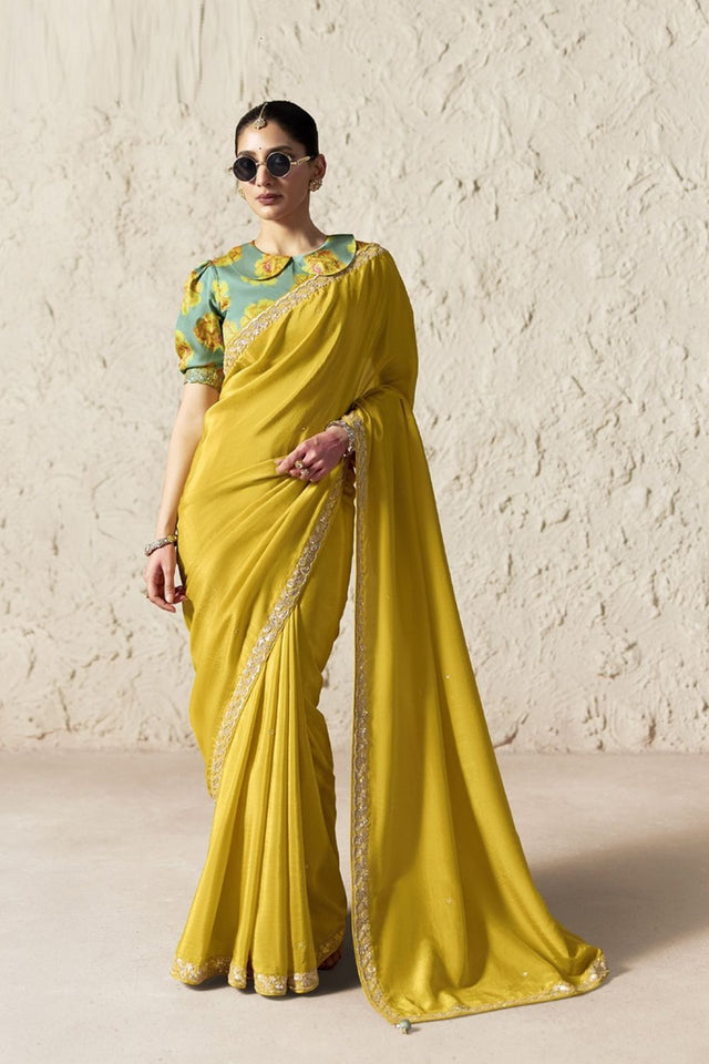 Yellow Solid with Embroidered Border Tissue Saree (Rangat-2337)