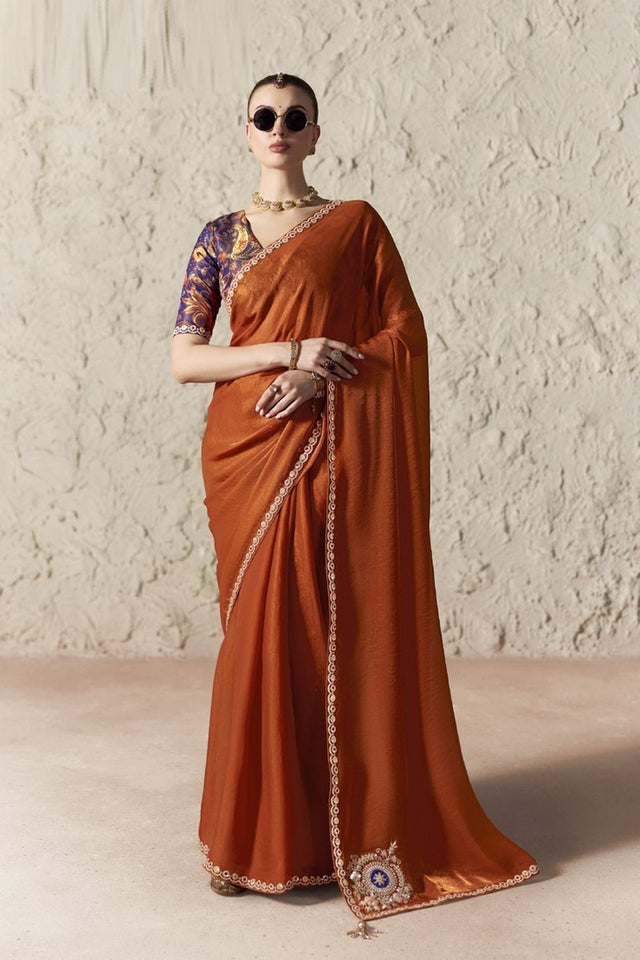Rust Solid with Embroidered Border Tissue Saree (Rangat-2338)