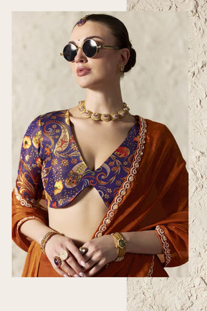 Rust Solid with Embroidered Border Tissue Saree (Rangat-2338)