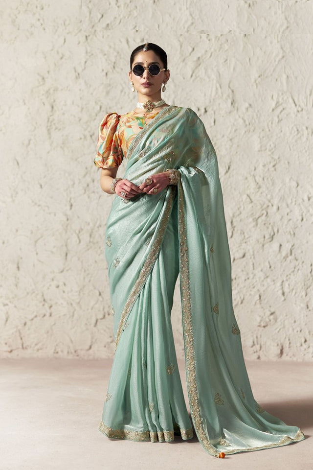 Turquoise Embroidered Tissue Saree (Rangat-2339)