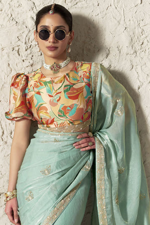 Turquoise Embroidered Tissue Saree (Rangat-2339)