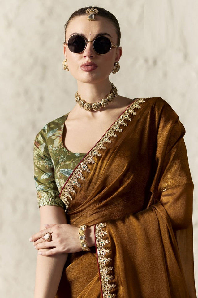 Brown Embroidered Tissue Saree (Rangat-2341)