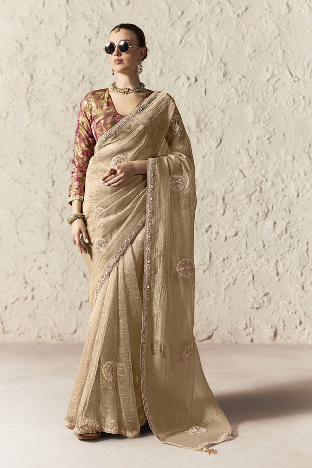 Cream Embroidered Tissue Saree (Rangat-2342)