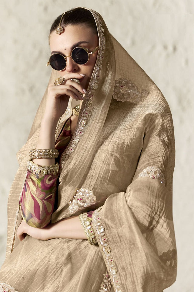 Cream Embroidered Tissue Saree (Rangat-2342)