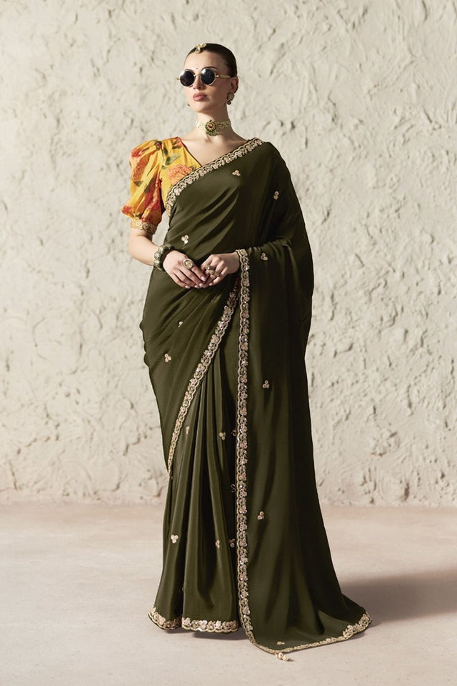 Mehendi Embroidered Tissue Saree (Rangat-2344)