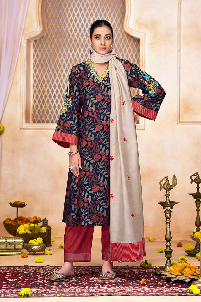 Navy Blue Floral Printed Modal Chanderi Straight Cut Suit Set