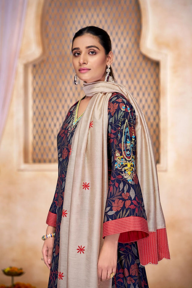 Navy Blue Floral Printed Modal Chanderi Straight Cut Suit Set