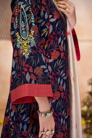 Navy Blue Floral Printed Modal Chanderi Straight Cut Suit Set
