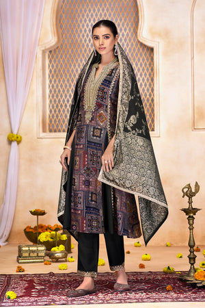 Black Printed Modal Chanderi Straight Cut Suit Set