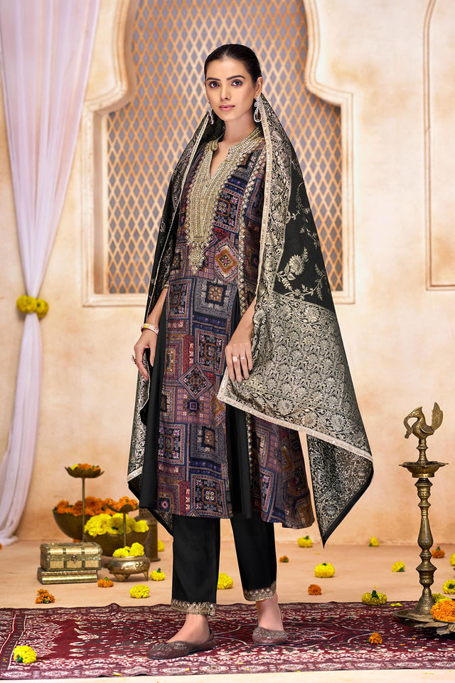 Black Printed Modal Chanderi Straight Cut Suit Set