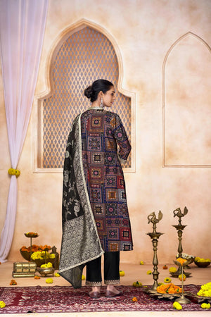 Black Printed Modal Chanderi Straight Cut Suit Set