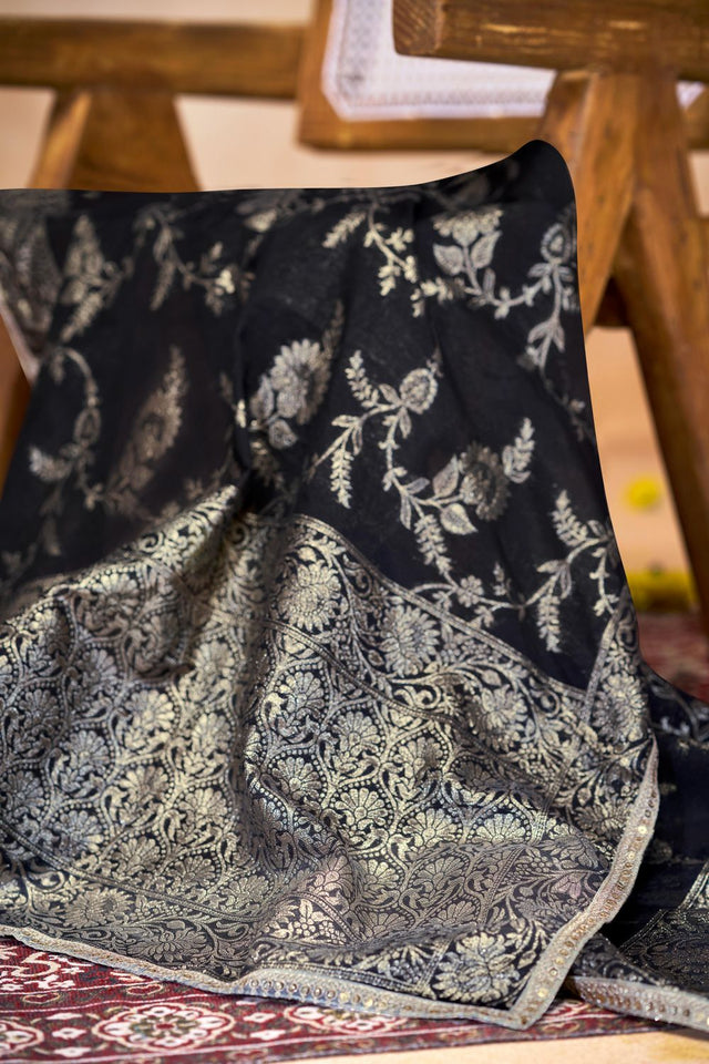 Black Printed Modal Chanderi Straight Cut Suit Set