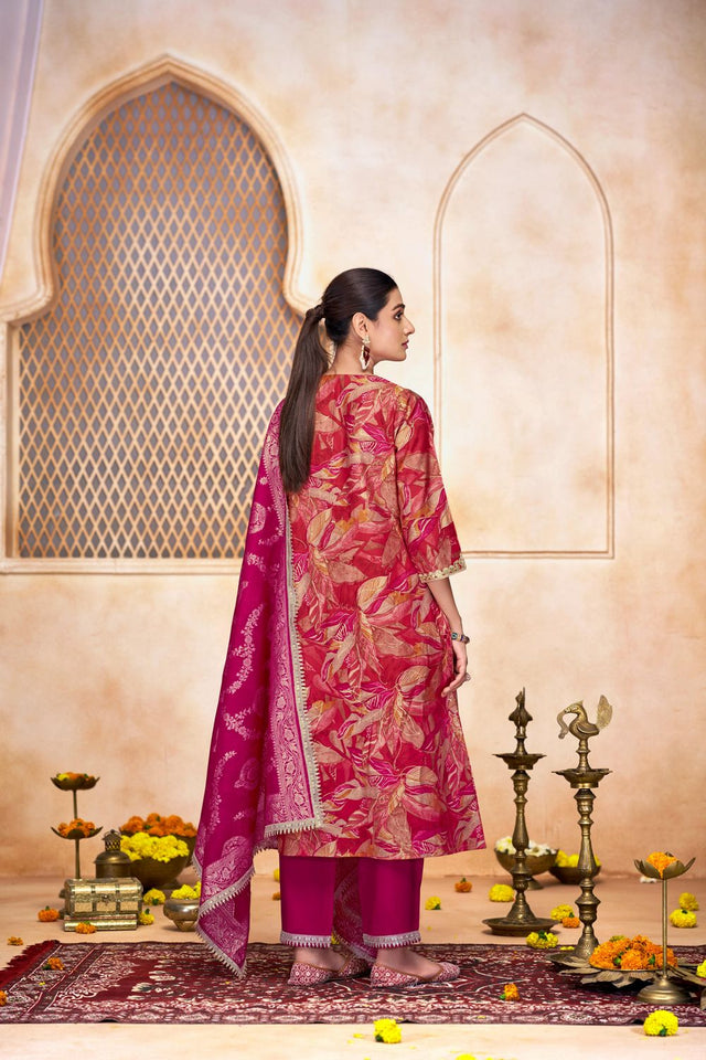 Pink Printed With Zari Work Modal Chanderi Straight Cut Suit Set