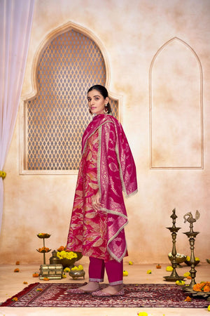 Pink Printed With Zari Work Modal Chanderi Straight Cut Suit Set