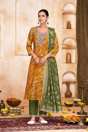 Mustard Printed With Zari Work Modal Chanderi Straight Cut Suit Set