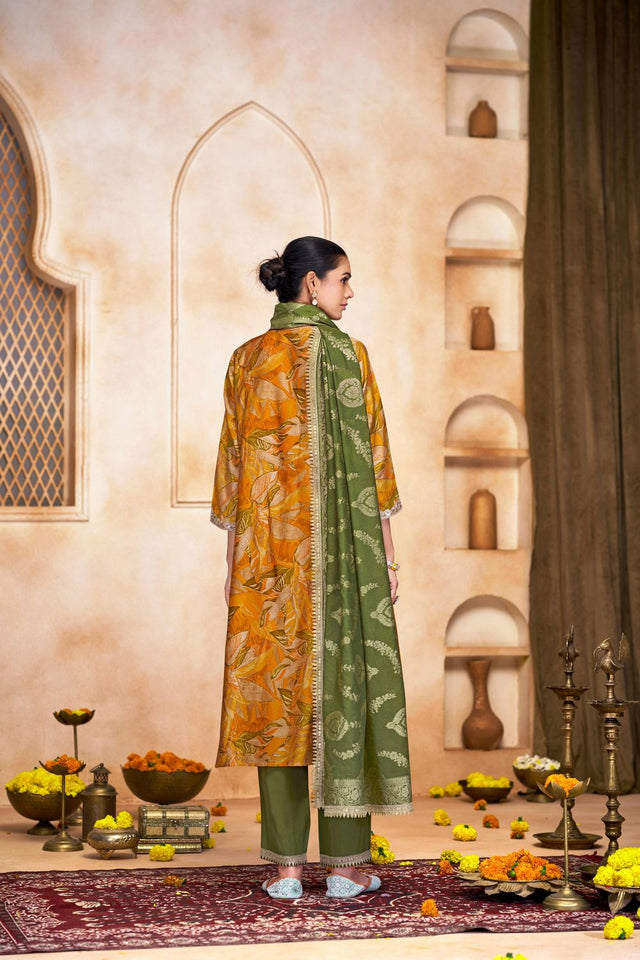 Mustard Printed With Zari Work Modal Chanderi Straight Cut Suit Set