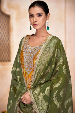 Mustard Printed With Zari Work Modal Chanderi Straight Cut Suit Set