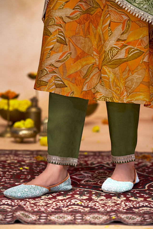 Mustard Printed With Zari Work Modal Chanderi Straight Cut Suit Set