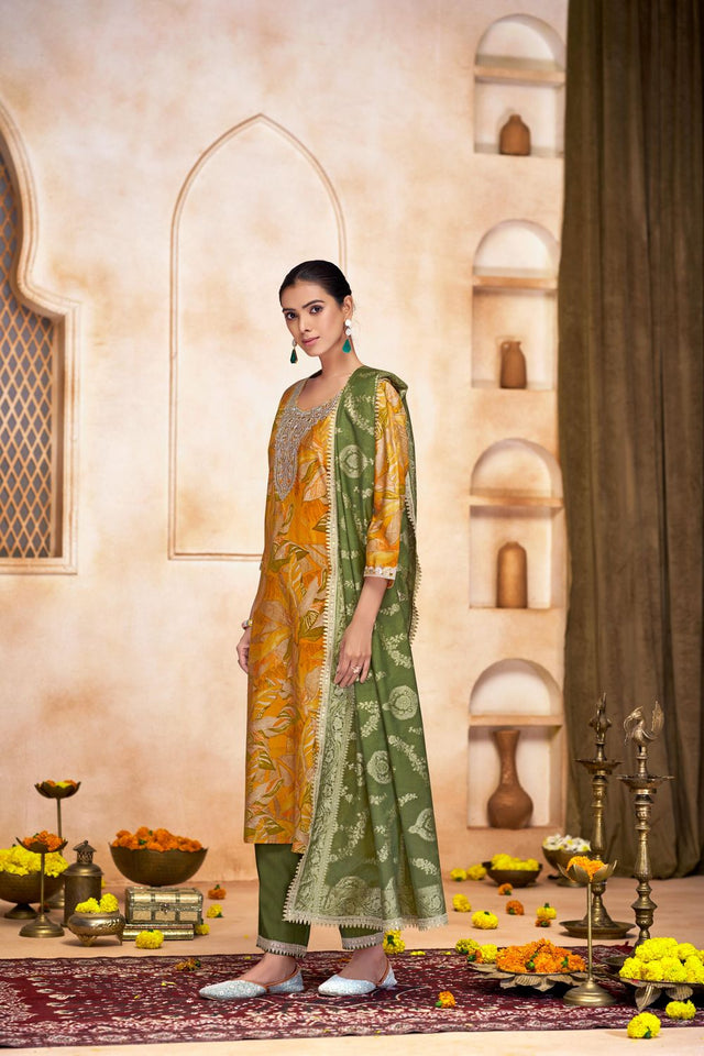 Mustard Printed With Zari Work Modal Chanderi Straight Cut Suit Set