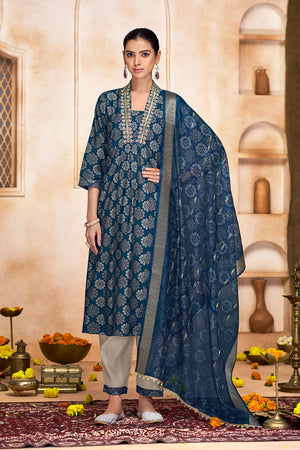 Blue Printed Modal Chanderi Straight Cut Suit Set