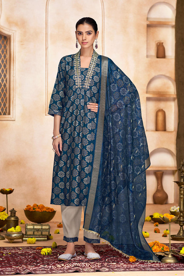 Blue Printed Modal Chanderi Straight Cut Suit Set